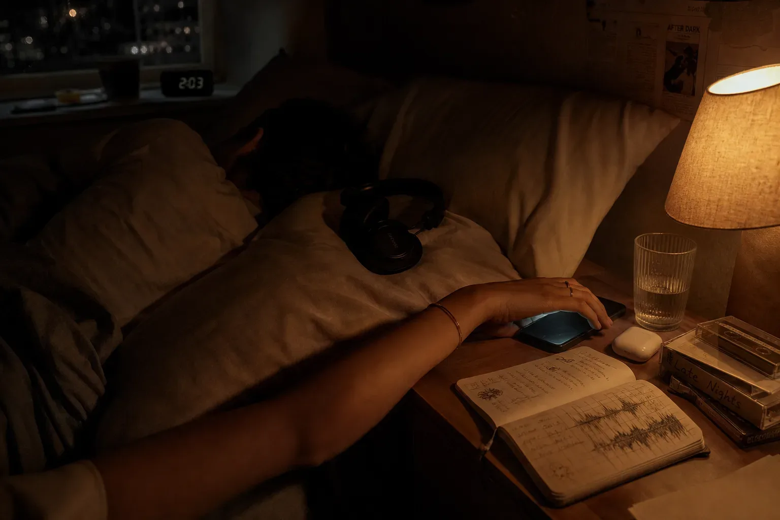 Person resting with headphones beside a dim bedside lamp