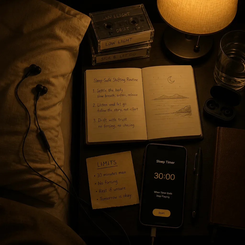 Notebook and sleep timer prepared beside a dim lamp