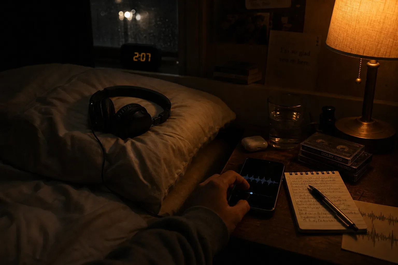 Headphones beside a dim bedside audio recorder