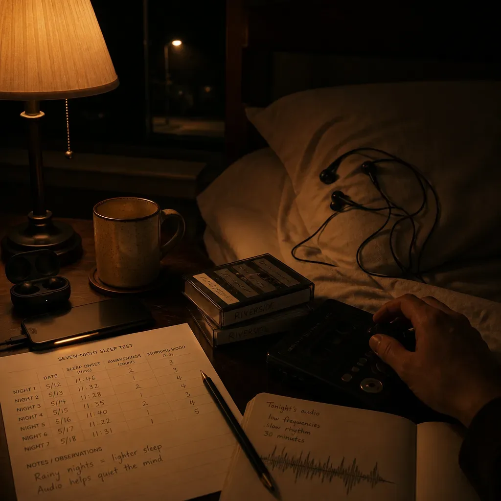 Seven-night sleep audio tracker beside headphones