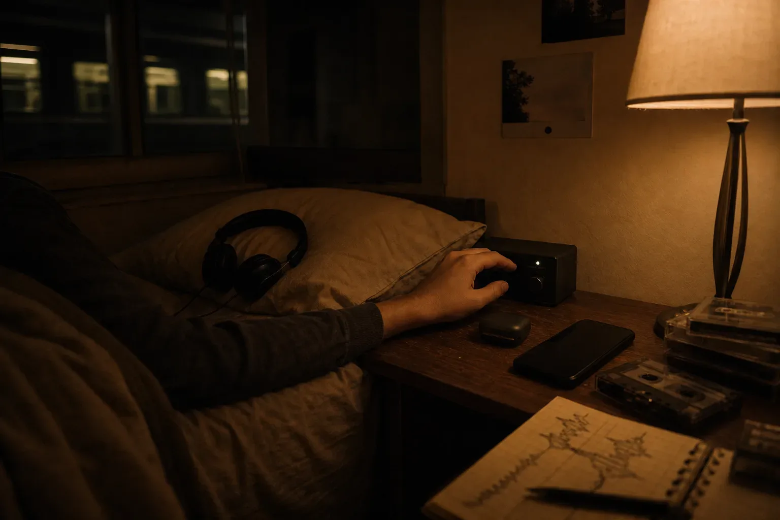 Quiet sleeper listening to train audio at night