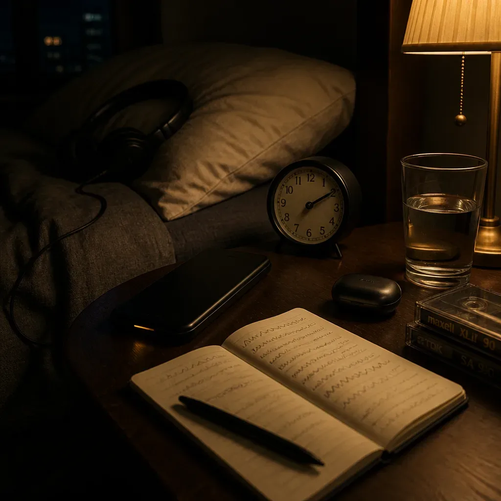 Bedside phone and notebook prepared for sleep audio