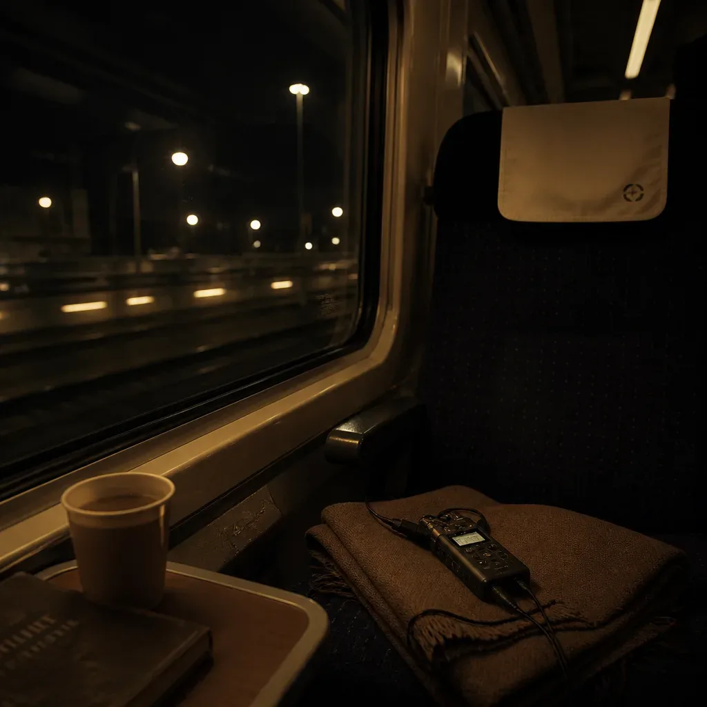 Quiet night train carriage with soft window light