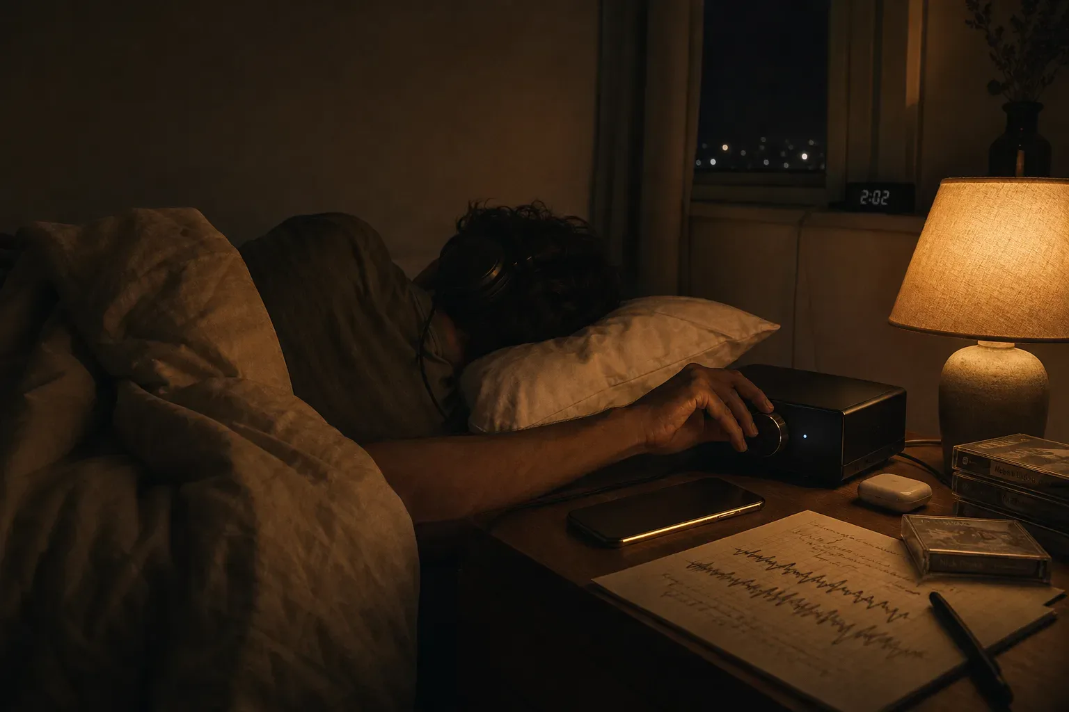 Person listening quietly in bed before sleep