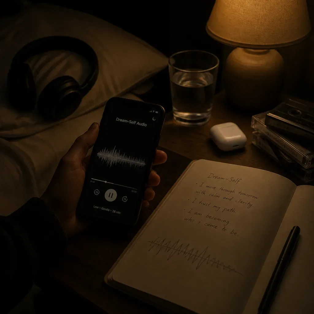 Dream-Self audio script beside a dim phone