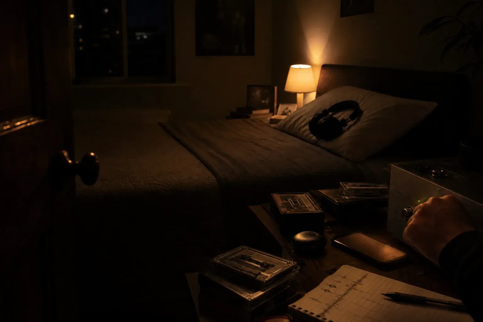 A dark bedroom seen from the doorway, one lamp on, headphones on the pillow.