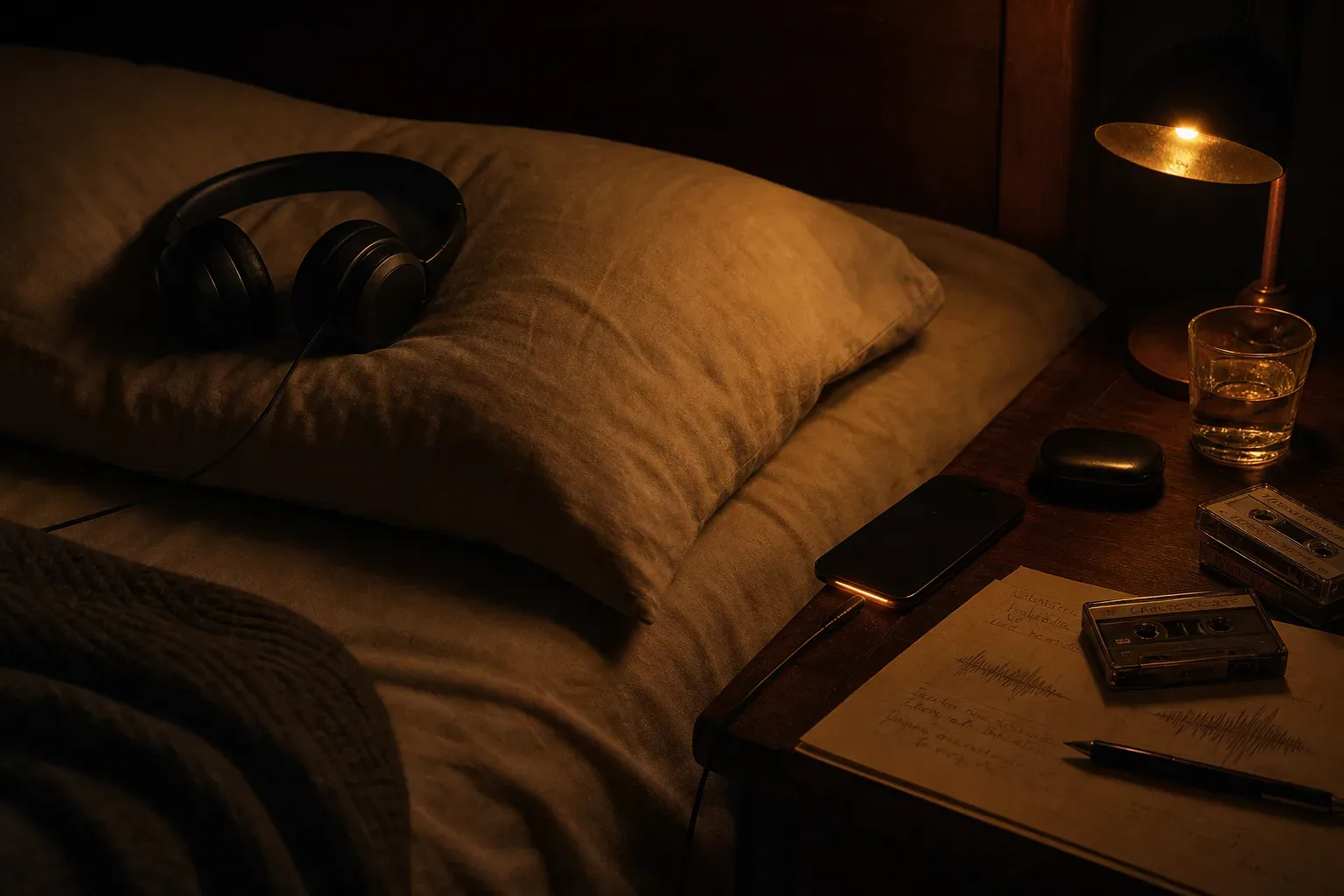Headphones resting on a pillow in lamplight, phone face-down on the nightstand.