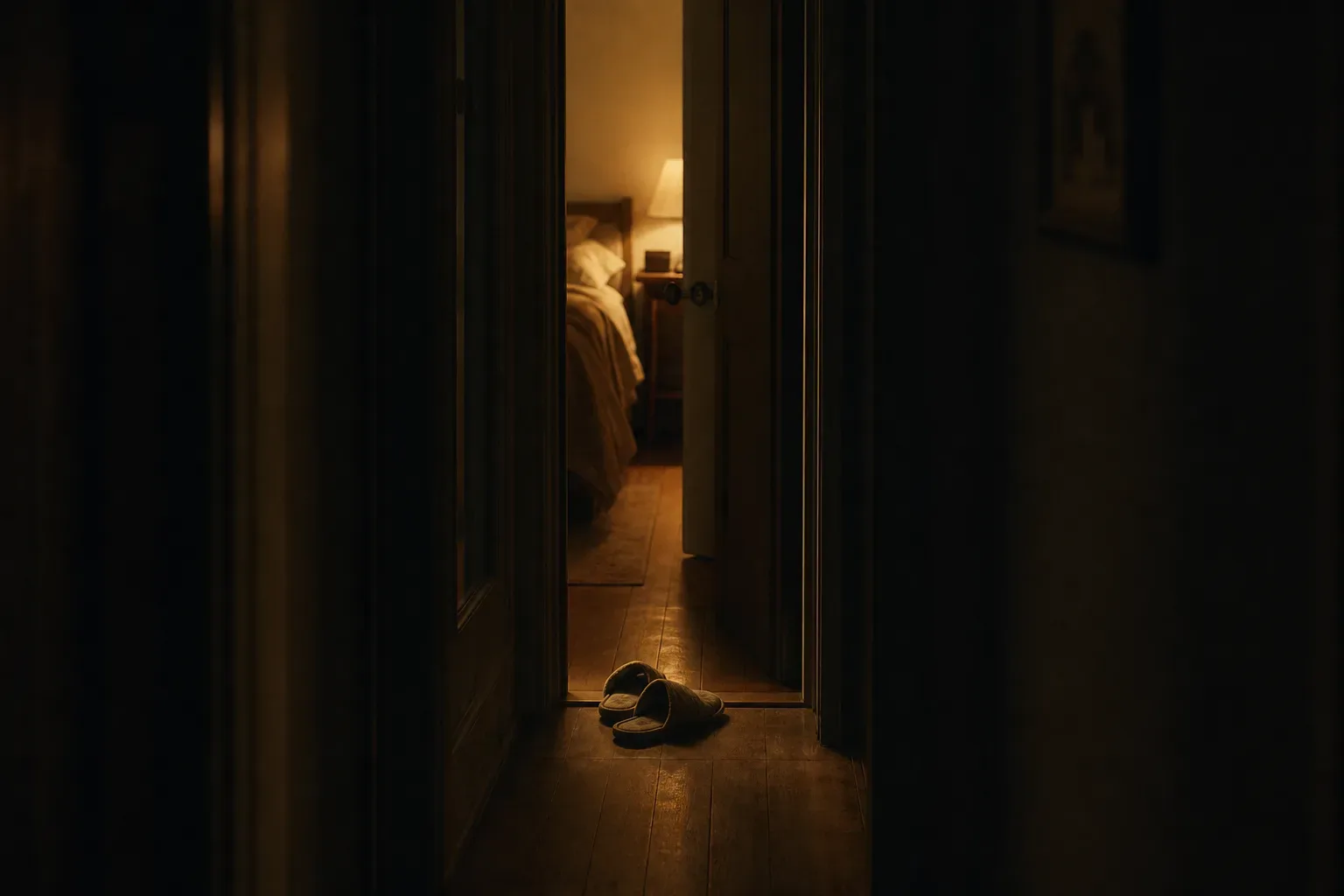 A doorway seen from a dark hallway, warm light only on the far side of the threshold.