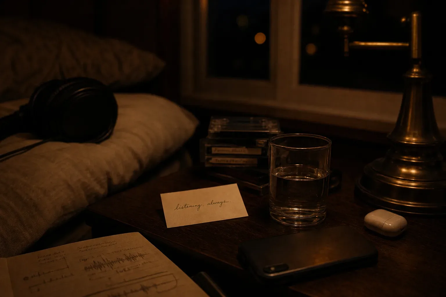 A small handwritten card on a nightstand beside a glass of water and a turned-down lamp.