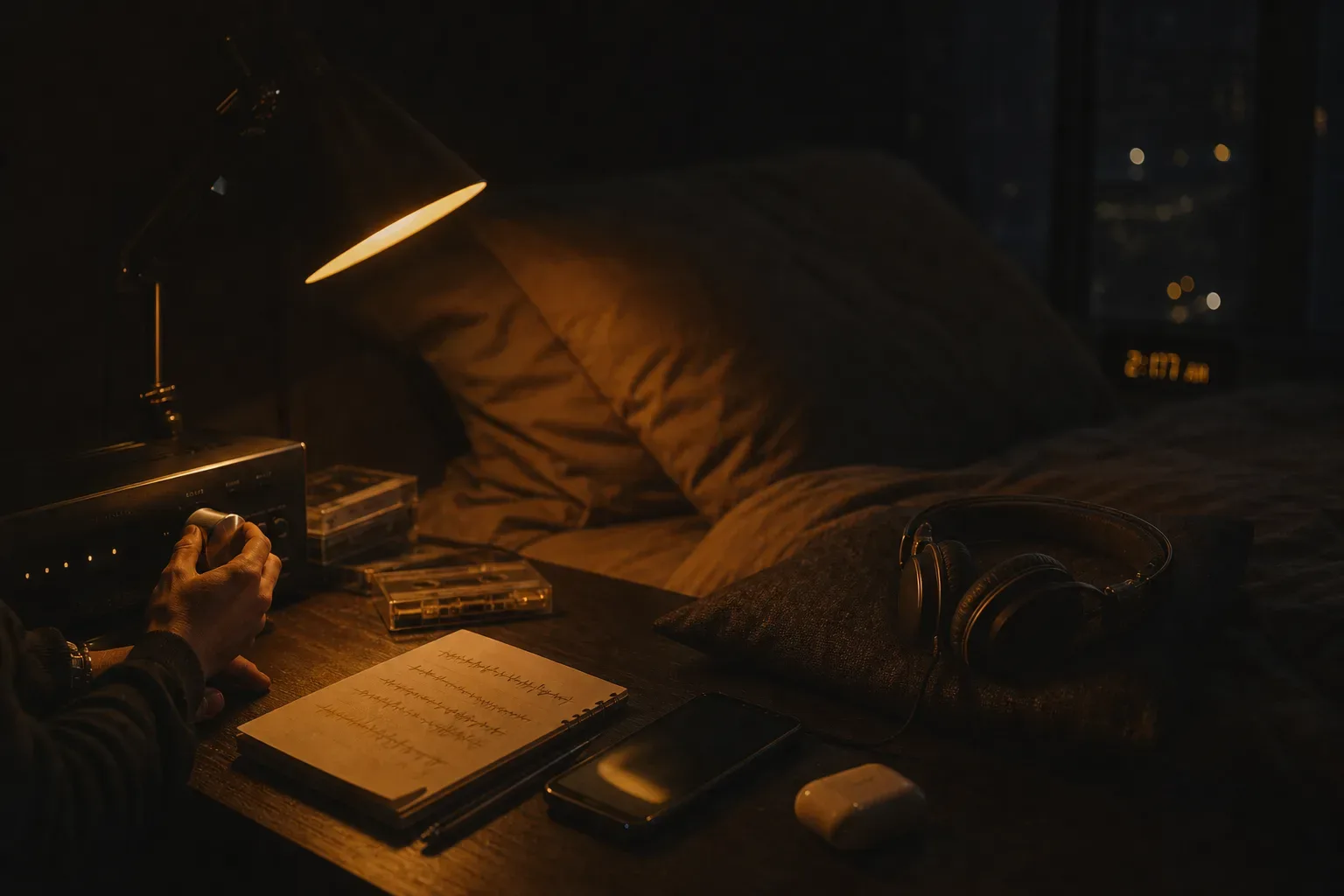A low armchair and a folded blanket in a dark room, lamp turned down.