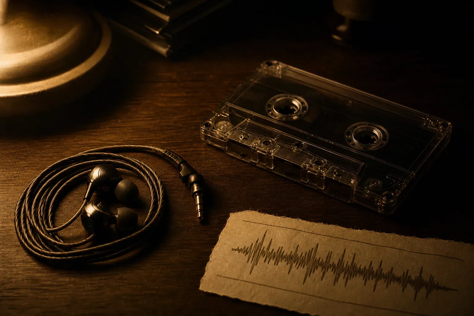 An analog cassette and a pair of in-ear buds on dark wood under a single lamp.